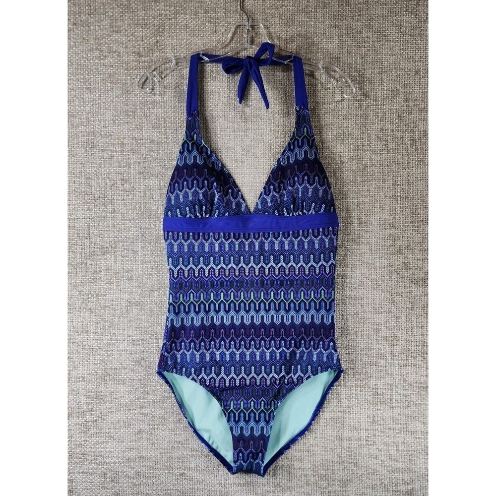 PRANA Lahari ONE Piece Swimsuit Womens M Blue Halter Surf Retro Shelf Bra